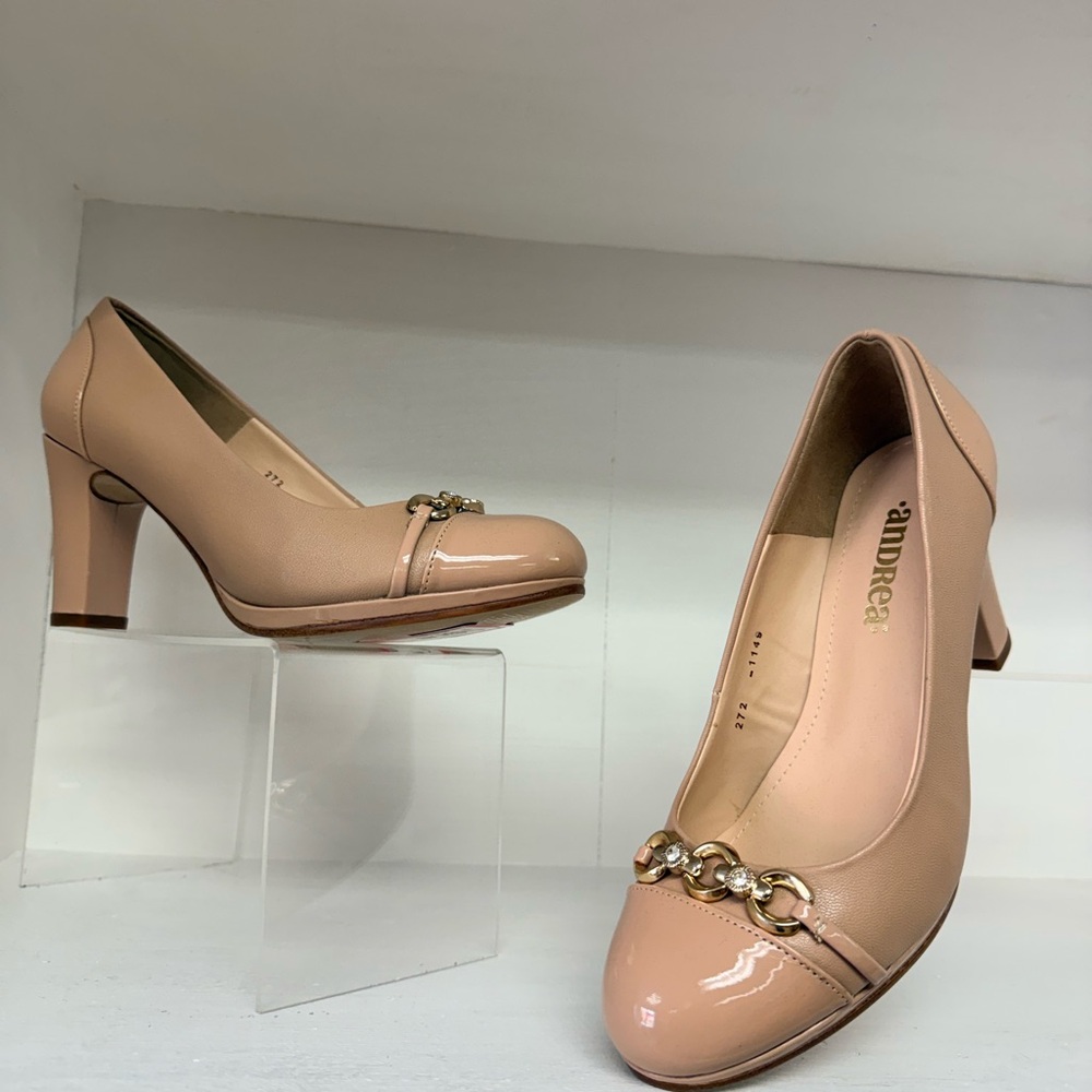 ANDREA FENZI Blush Patent Cap-Toe Block Heel Pumps with Chain